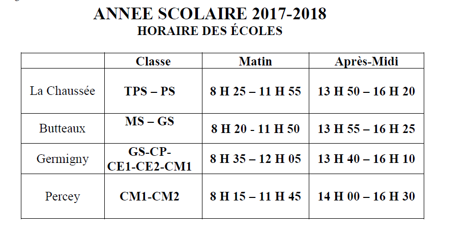 horaires écoles 2017-2018